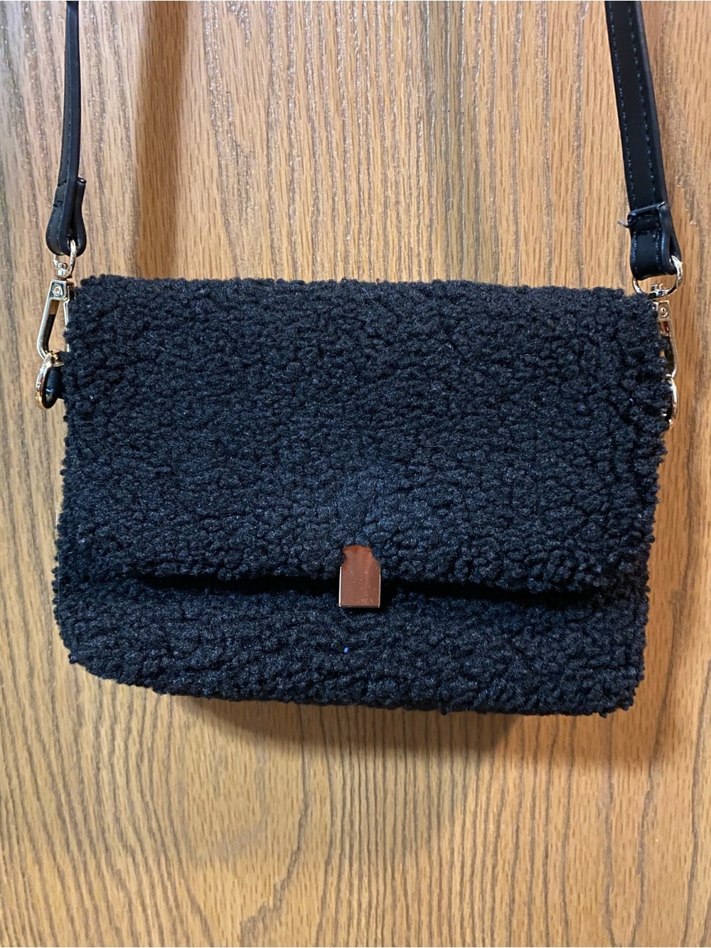 Falls Creek Black Sherpa Crossbody Bag with Leather Strap
